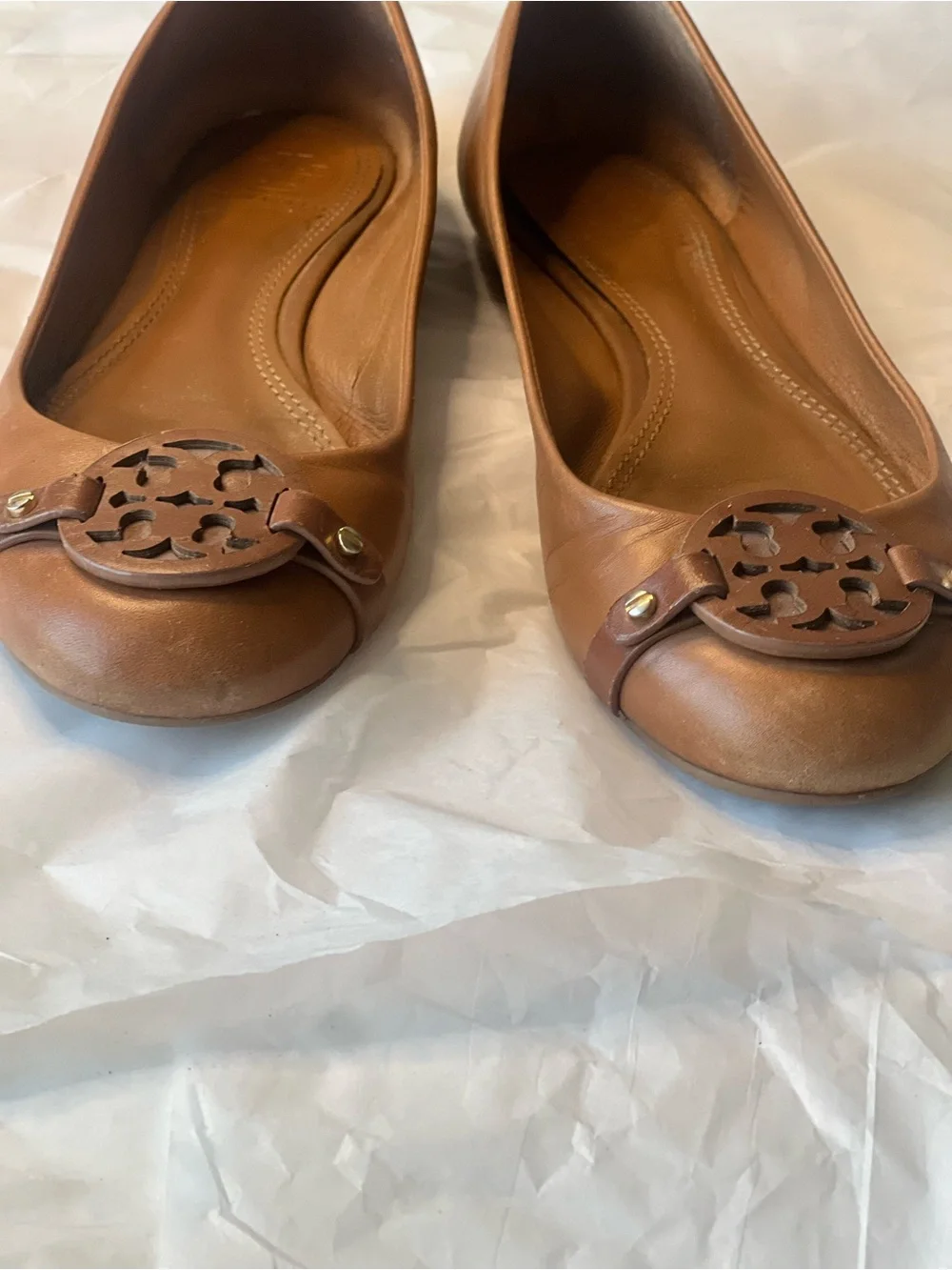 Tory Burch Tan Leather Logo Ballet Flats